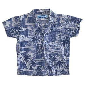 Kids Small Hawaiian Shirt Blue Cotton Aloha Tropical Palm Trees All Over Print
